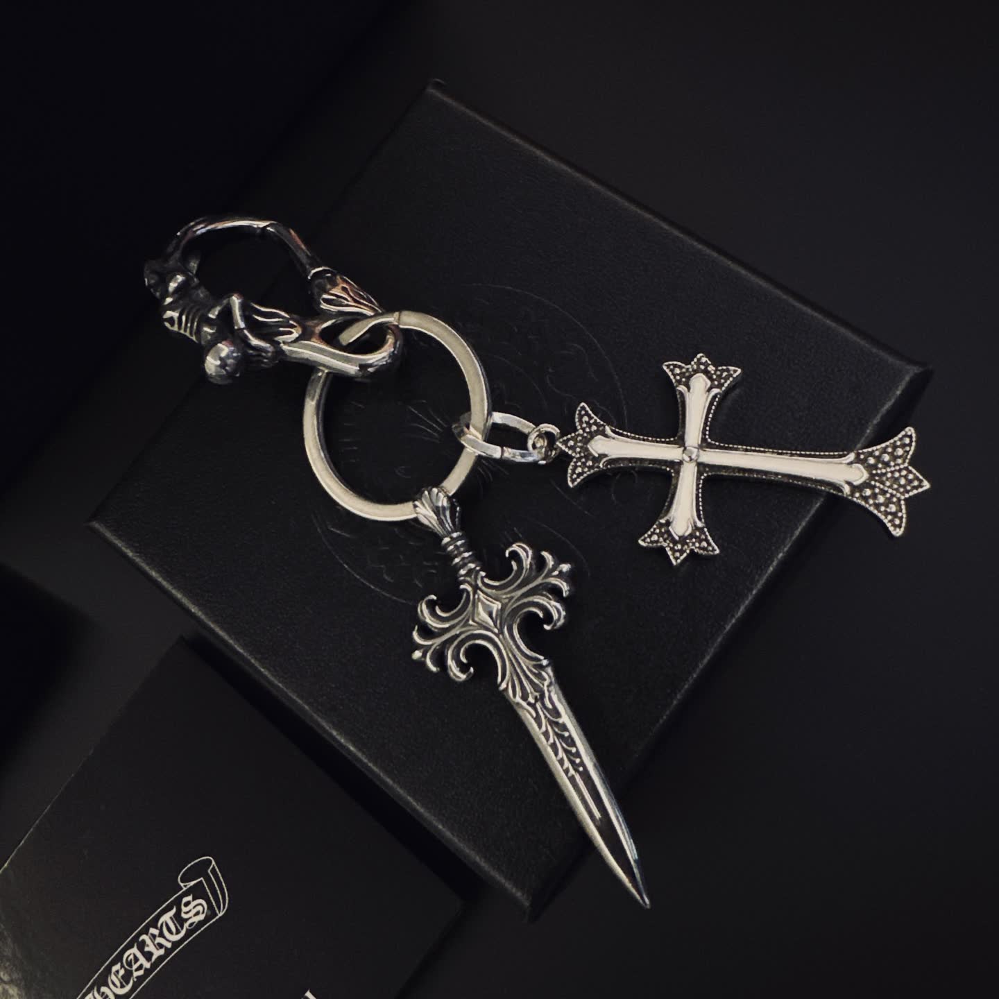 Chrome Hearts Silver Keychain with Sword and Cross Charms